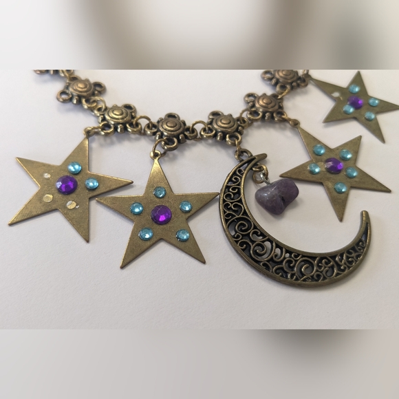 VTG METAL BRONZE/GOLD TONE MOON & STARS NATURAL GEM STONE NECKLACE - Picture 4 of 13